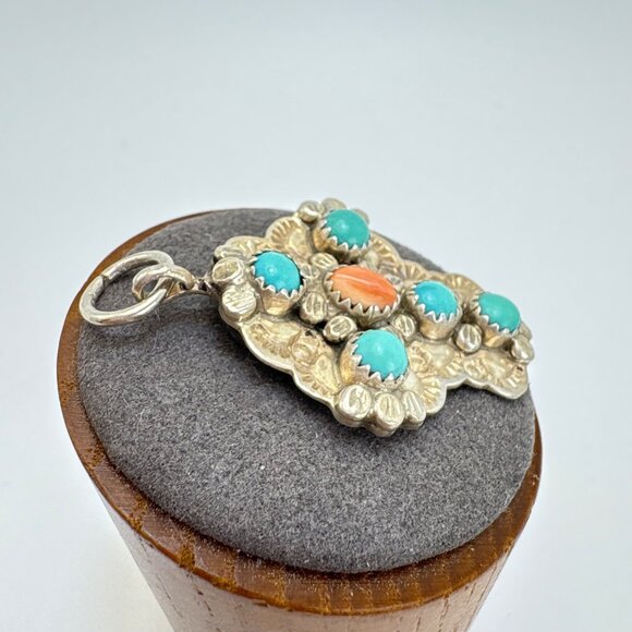 VTG James Shay Navajo Turquoise Coral Concho Design Cross Sterling Silver 925 2" - Picture 3 of 11